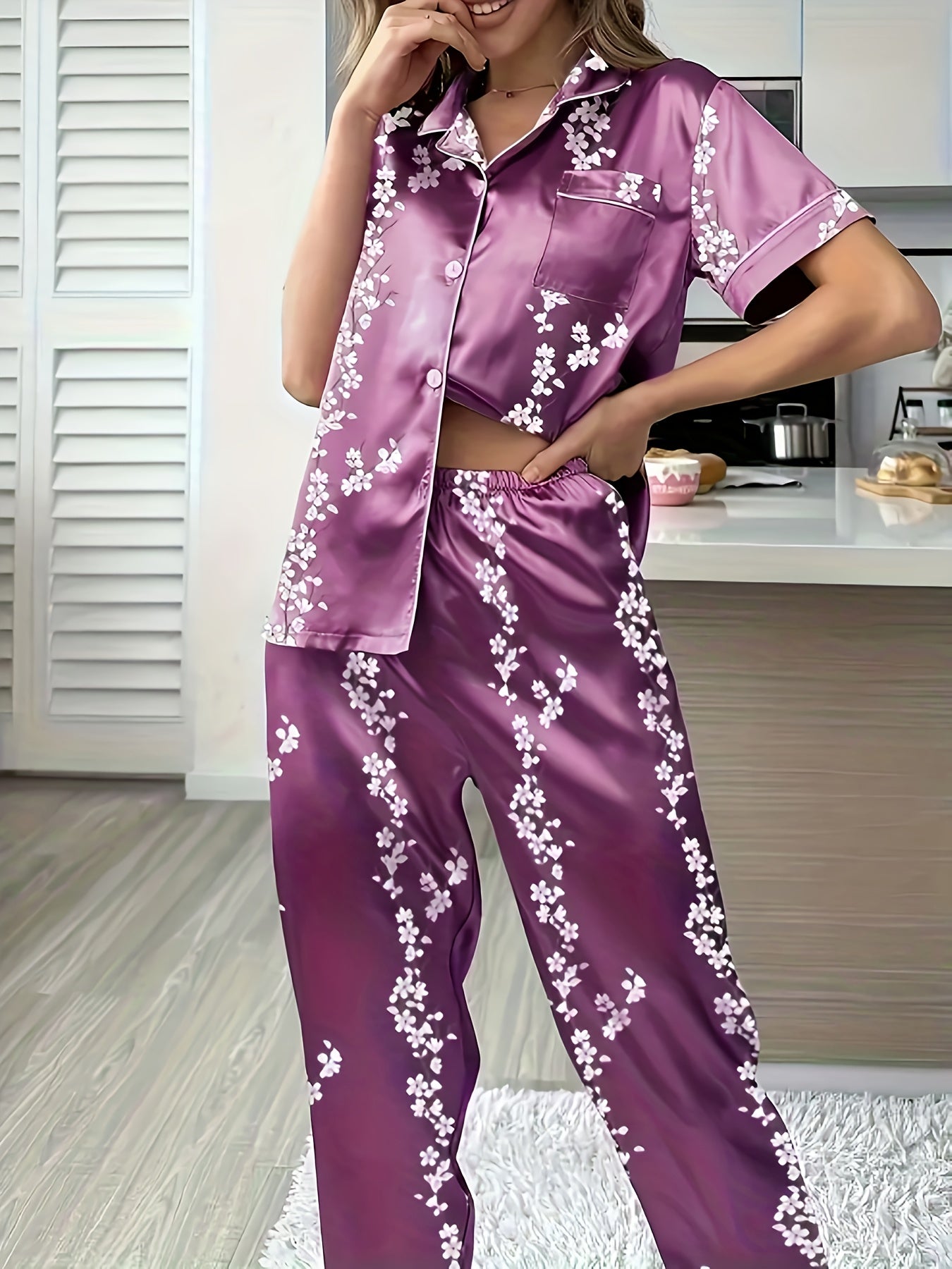 Moonlit Mulberry – Satin Blossom Pajama Set