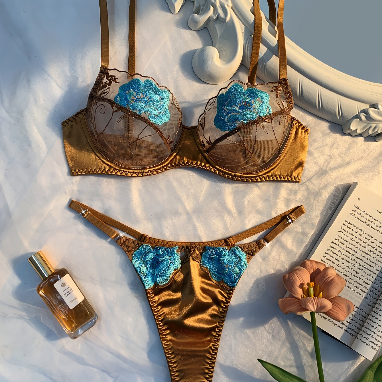 Golden Hour Temptation – Satin & Embroidered Mesh Lingerie Set.