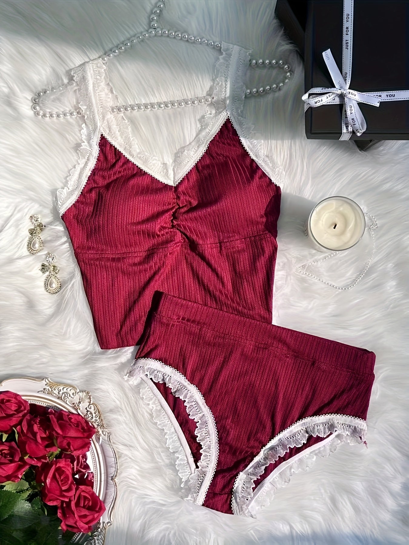 Midnight Whispers – Soft Lace V-Neck Pajama Set