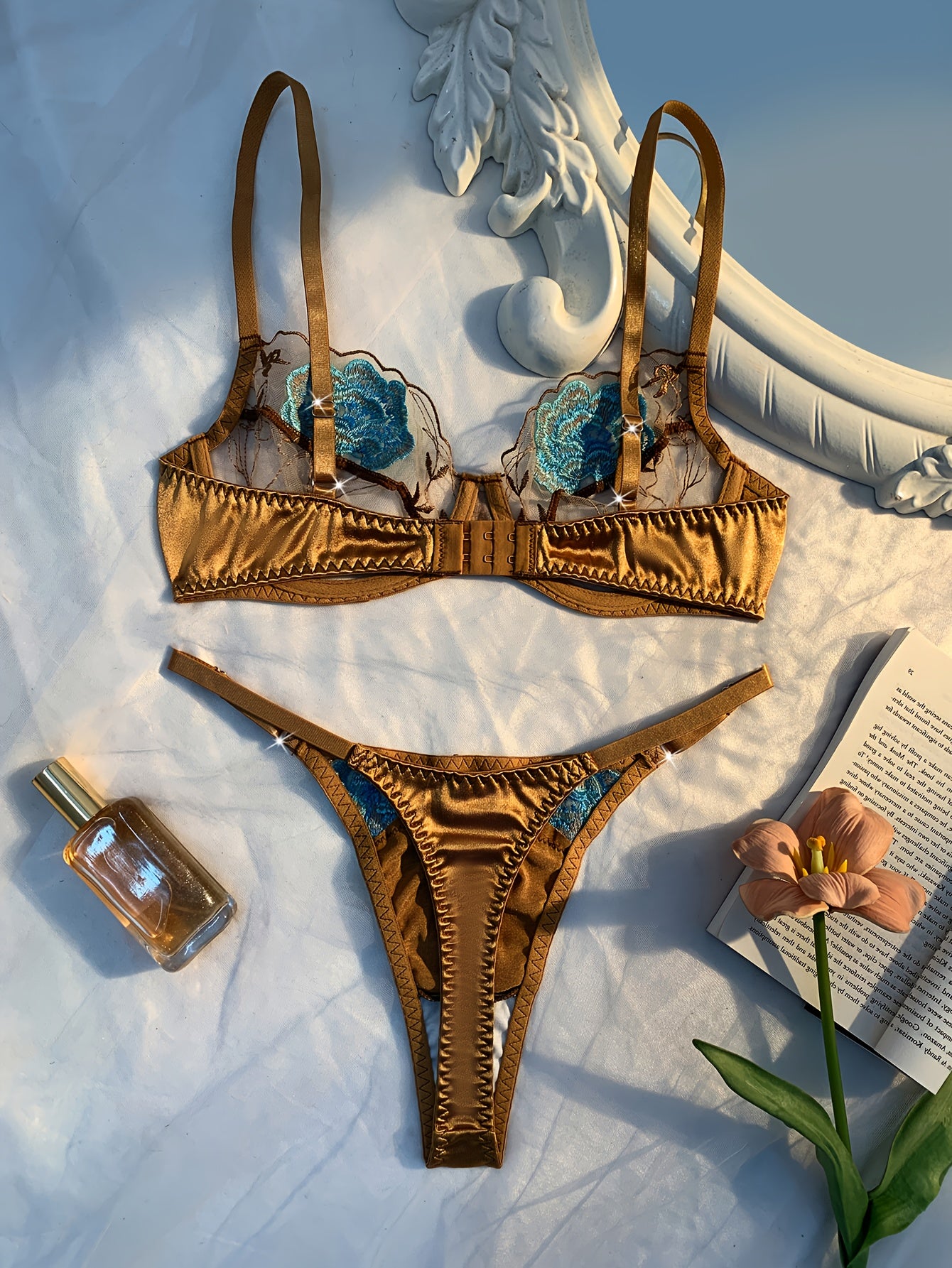 Golden Hour Temptation – Satin & Embroidered Mesh Lingerie Set.