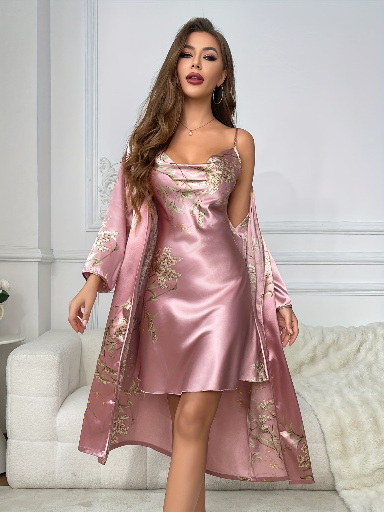 Cherry Bombshell – Camisole Nightgown & Belted Robe Set.