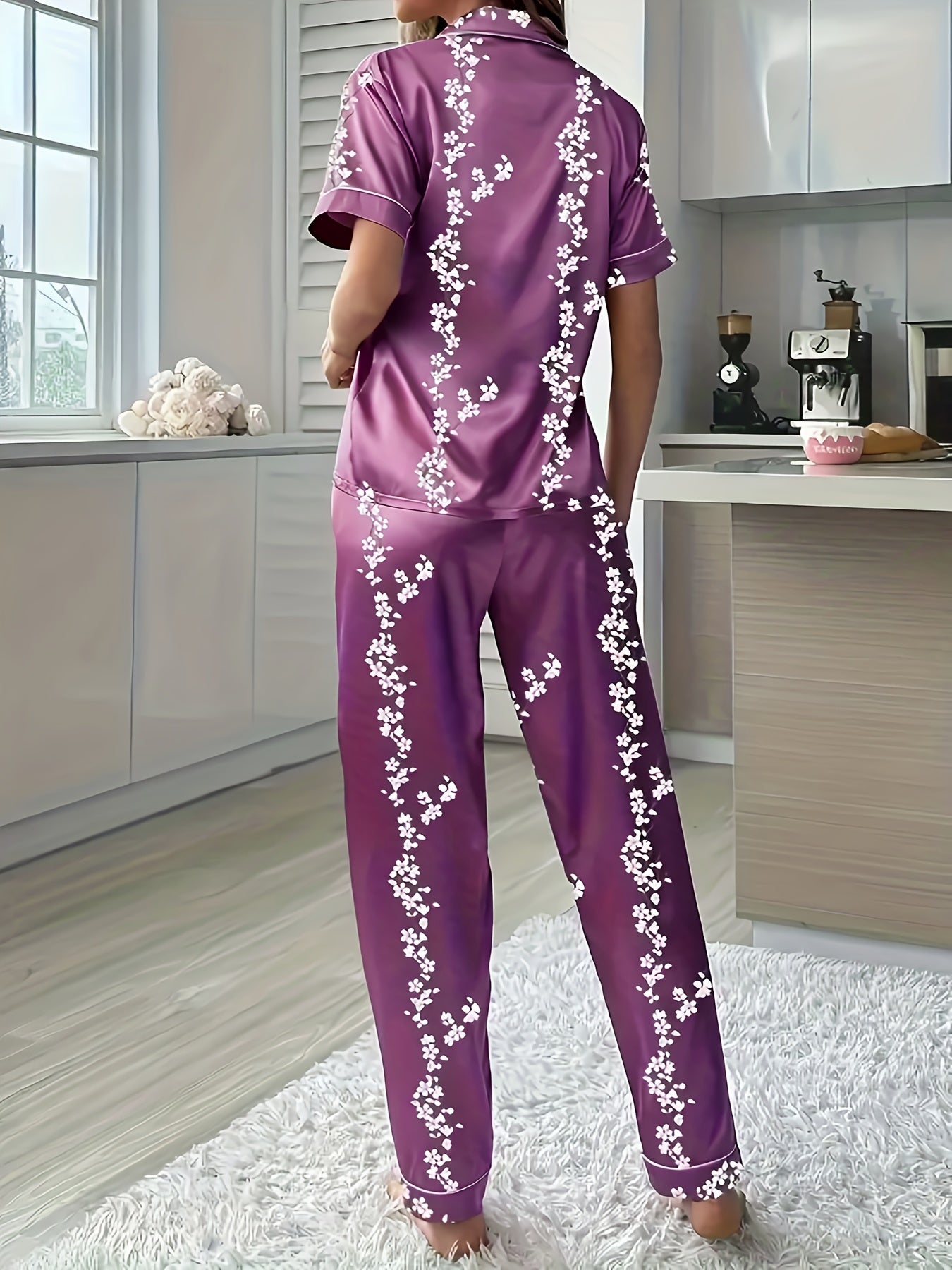 Moonlit Mulberry – Satin Blossom Pajama Set