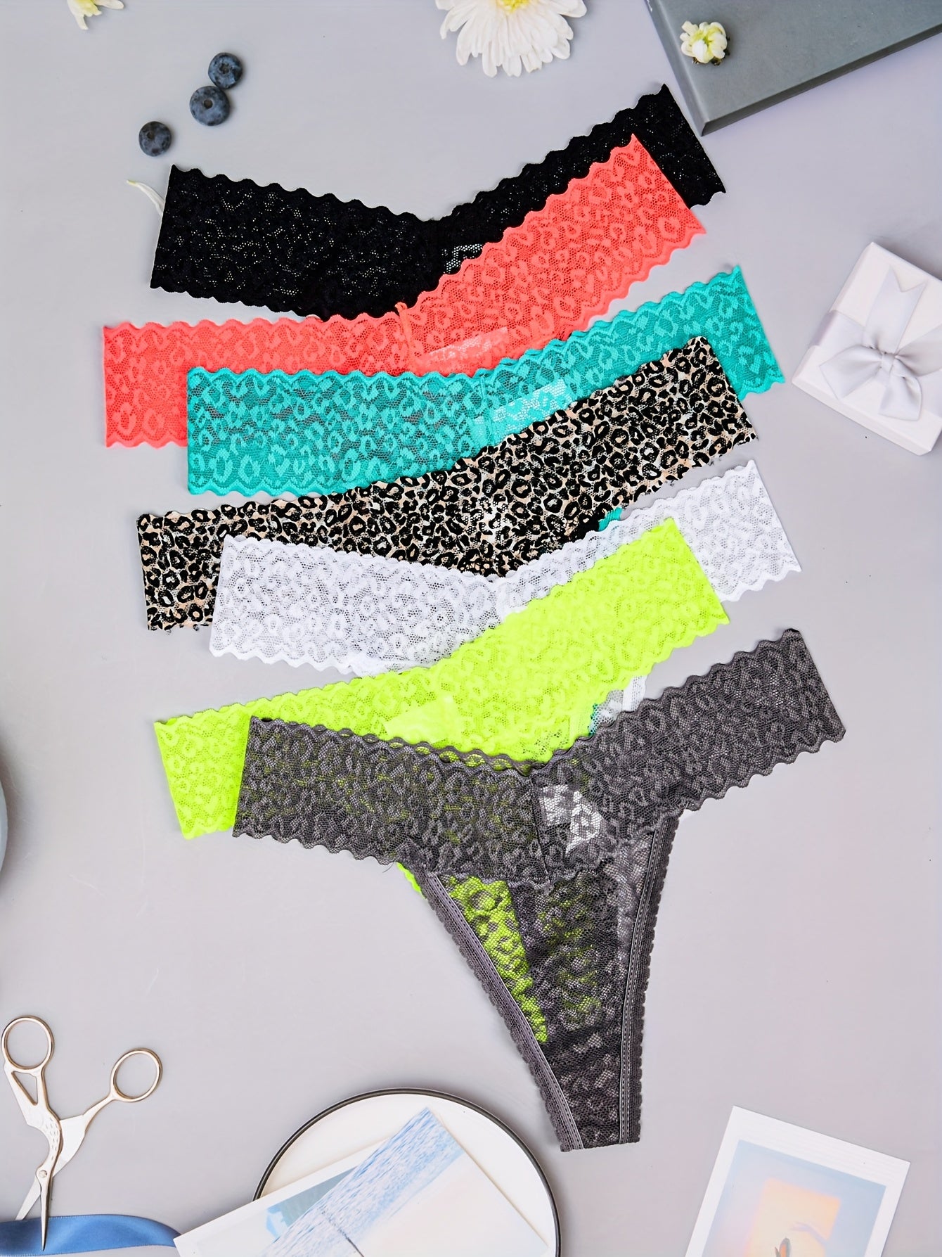 Elegant Leopard Print Lace Thongs Seven Pack For Comfort