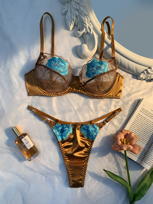 Golden Hour Temptation – Satin & Embroidered Mesh Lingerie Set.